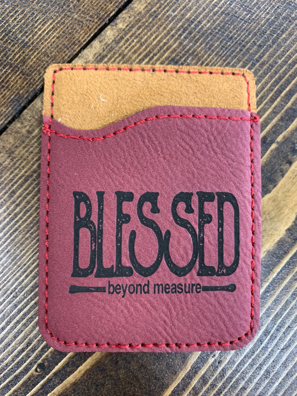 Red leather card holder for cell phones "Blessed"