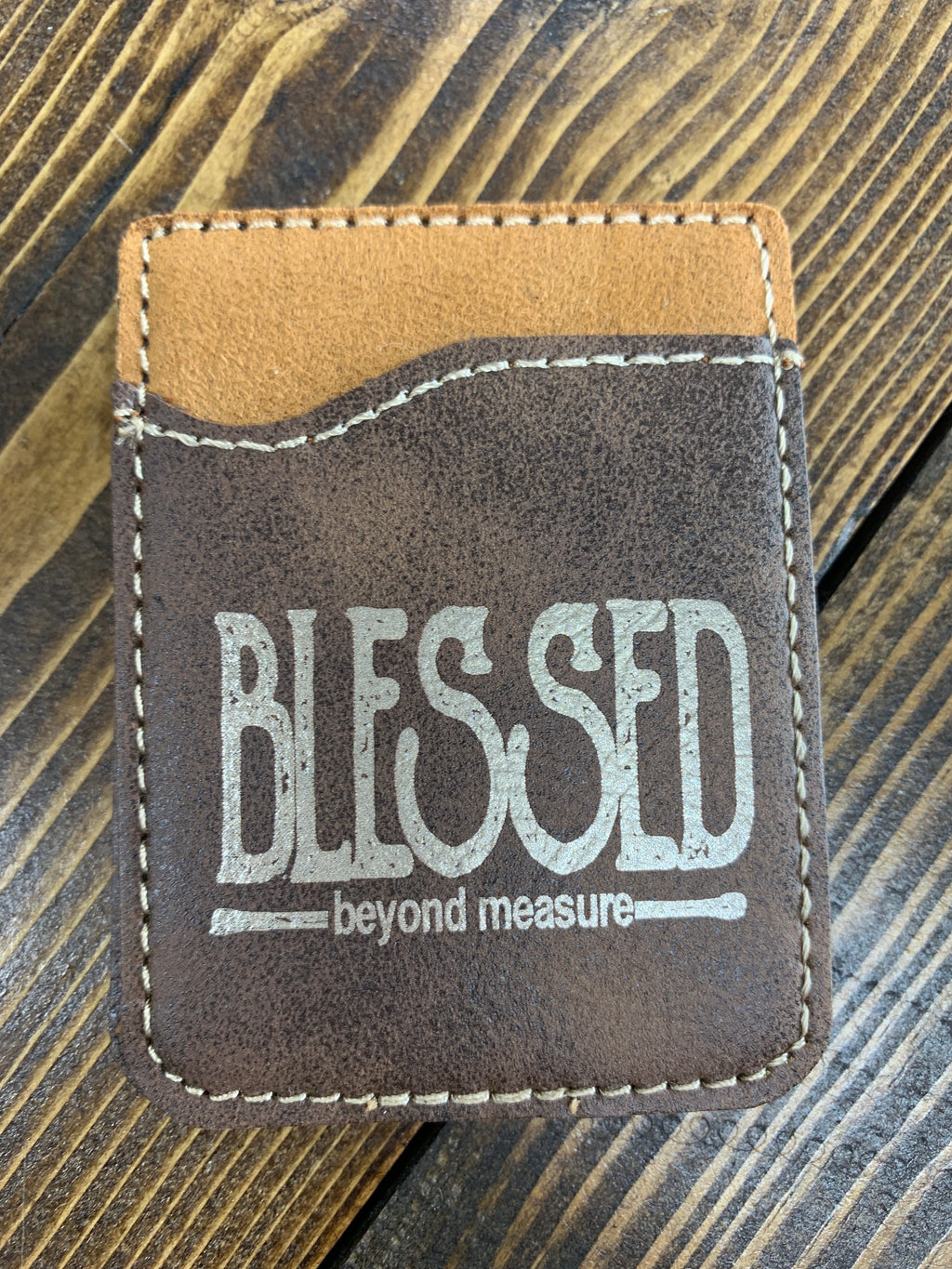 Brown leather card holder "Blessed"