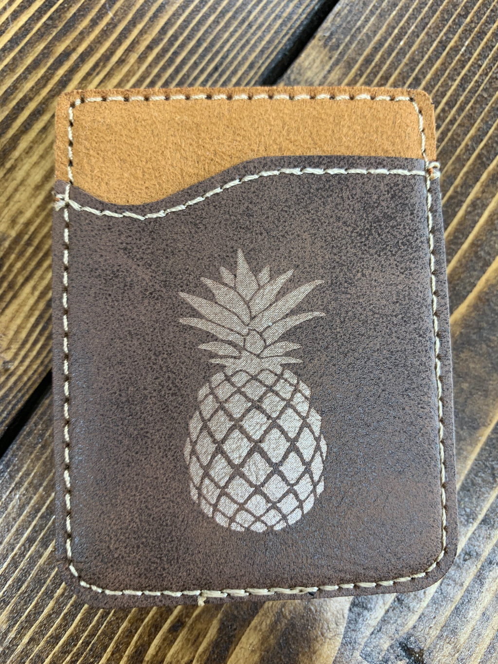 Brown leather engraved pineapple card holder