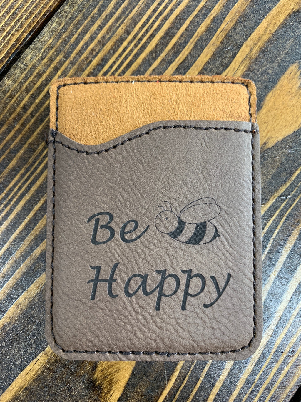 Brown leather engraved card holder Be Happy