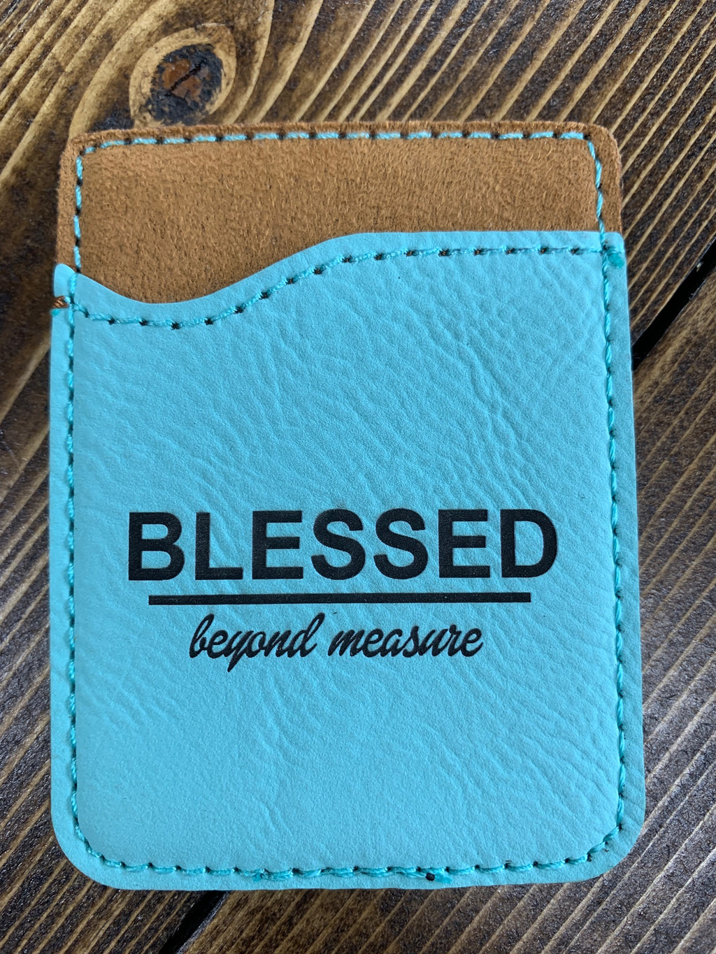 Light blue leather card holder "Blessed"