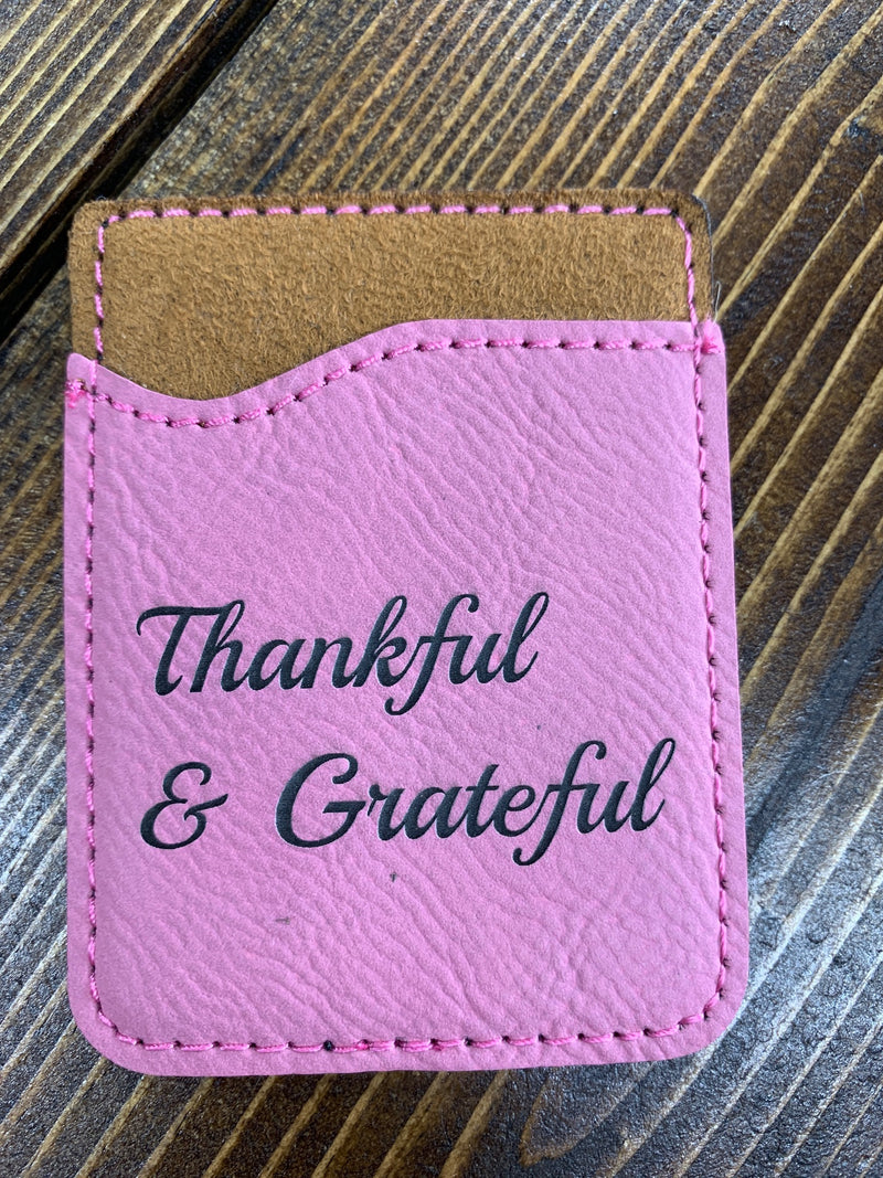 Pink leather card holder Thankful and Grateful