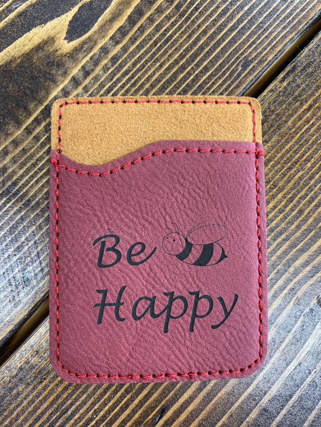 Red leather card holder Be Happy