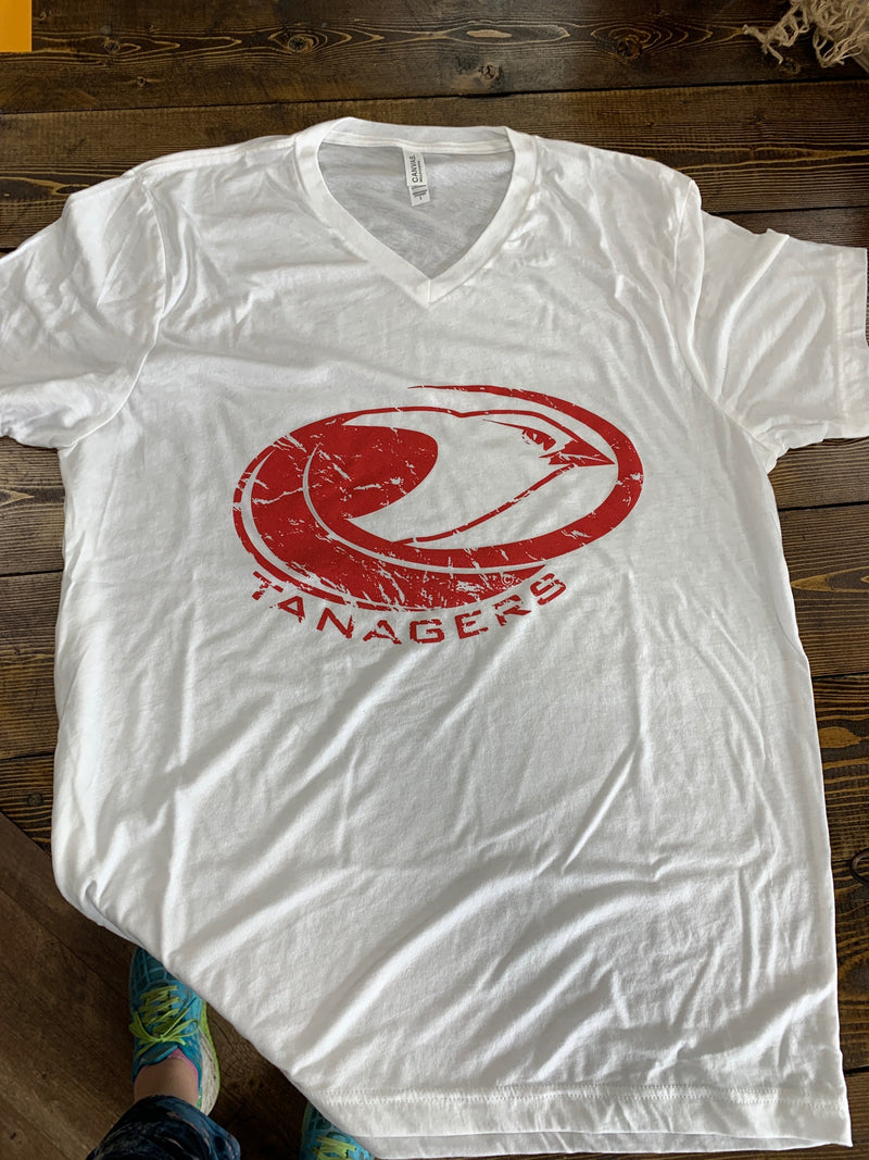 White v-neck Bella T short sleeved w/Tanager logo in red